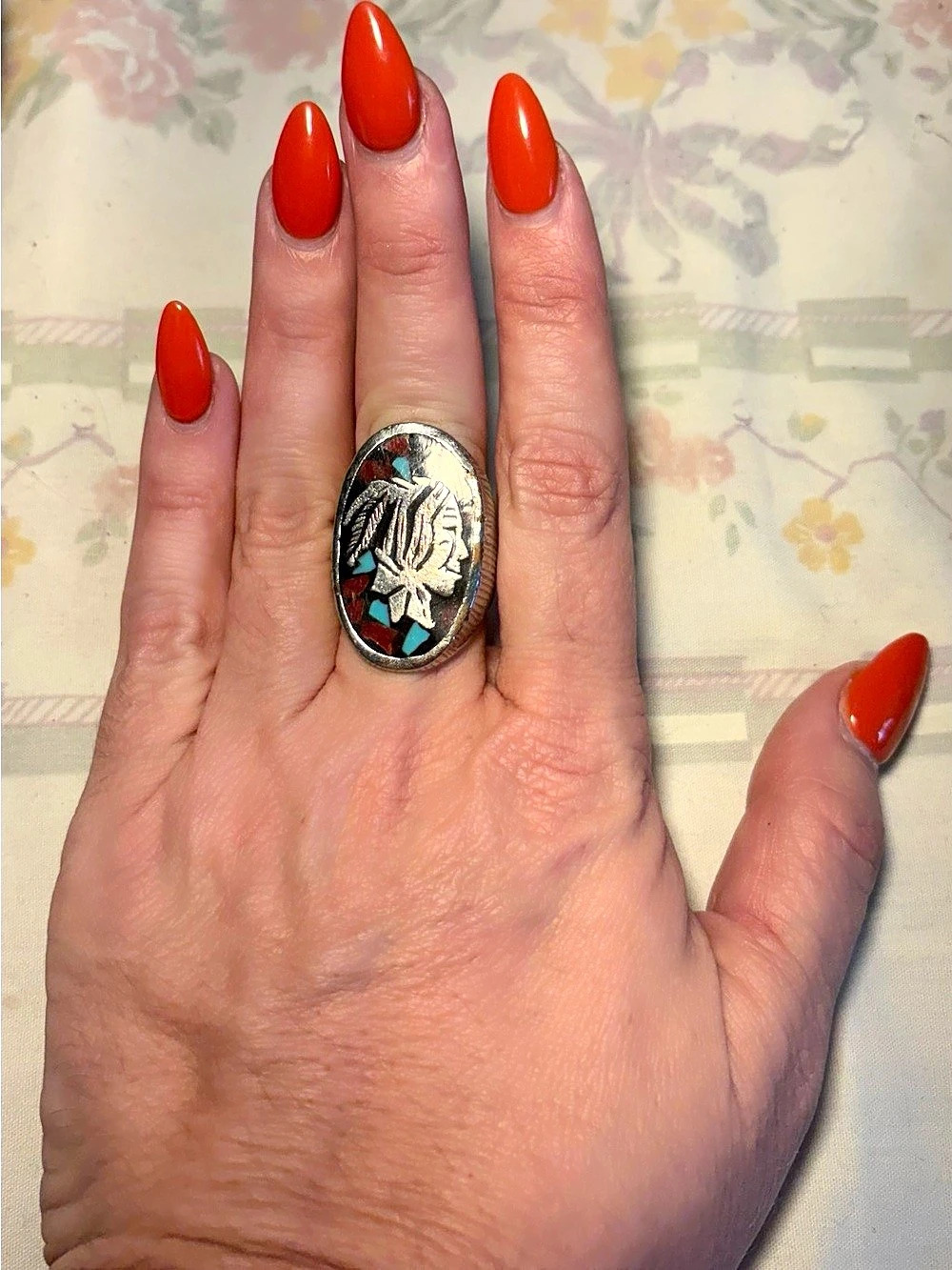 Indian Silver-Tone Inlay Statement Ring